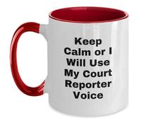 Divertidos regalos de reportero de la corte de amigos para graduación de reportero de la corte, "Keep Calm Or I Will Use My Court Reporter Voice", taza de café de dos tonos, humor de reportero de la