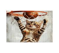 Divertidos rompecabezas de gato de Bengala para adultos de 300 piezas, rompecabezas de madera con estampado de gatito deportivo de baloncesto, lindas decoraciones divertidas con patrón de mascotas