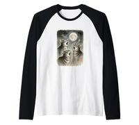 Divertidos Tres Gatos Aullando Luna Lindos Gatitos Sumi-e Kawaii Camiseta Manga Raglan