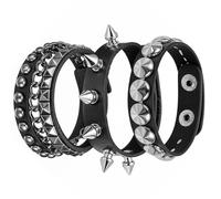 DIVINA VITAE 3 Piezas Pulsera de Cuero Punk con Tachuelas Negro para Hombre y Mujer - Ajustable con Púas y Metal - Accesorios para Fiesta de Halloween