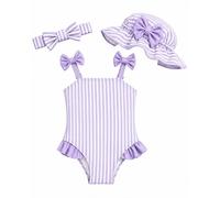 DivingBirds Traje de baño para bebé niña con sombrero de sol y diadema, conjunto, traje de baño de una pieza para recién nacidos, regalo de verano de playa, Púrpura (Purple Stripe), 2-3 años