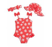 DivingBirds Traje de baño para bebé niña con sombrero de sol y diadema, traje de baño de una pieza para recién nacidos, regalo de verano para la playa, Rojo (Red Flower), 9-12 meses