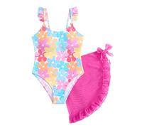 DivingBirds Traje de baño para niñas, traje de baño de dos piezas con falda, protección solar UV, traje de baño floral para niñas de 7 a 13 años, Flor rosa., 9-10 años