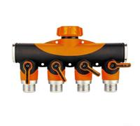 Divisor de manguera de jardín de 4 vías de latón y plástico de 34 pulgadas con válvulas de cierre, se conecta a grifo al aire libre para uso simultáneo de cuatro mangueras (naranja)