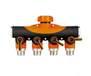 Divisor de manguera de jardín de 4 vías de latón y plástico de 34 pulgadas con válvulas de cierre, se conecta a grifo al aire libre para uso simultáneo de cuatro mangueras (naranja)