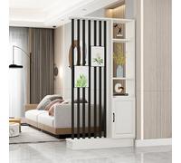 Divisor de pared de madera para interiores con armario de almacenamiento de metal, estantería multiestante para entrada, elegante división de habitación (blanco y negro, 140 cm)