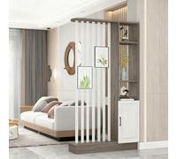 Divisor de pared de madera para interiores con armario de almacenamiento de metal gris nogal y negro, 140 cm, elegante estantería y división de múltiples estantes para la entrada del hogar y la sala