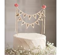 DIVISTAR Happy Birthday Cake Bunting Topper Cake Topper Garland, Banderas de Banderines Hechos A Mano con Poste de Madera Marfil Rosas Rosadas