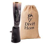 Divit - Cuerno para Beber con Soporte de Hierro, auténtico Cuerno Medieval para Beber Cerveza | Adornos de latón y Saco de Regalo de arpillera Incluido | Capacidad de 16 oz (400-500 ml)