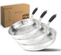DIVORY Juego de sartenes de acero inoxidable de 20, 24 y 28 cm - Sartenes sin recubrimiento, sin PTFE ni PFOA, acero inox aptas para inducción y todo tipo de cocinas, conseguir aromas tostados (PURA)