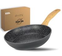 DIVORY Sartén 32cm Inducción - Sartén universal grande con revestimiento antiadherente para todo tipo de cocinas - Asas seguras, apta para lavavajillas (32cm, Aspecto madera clara)