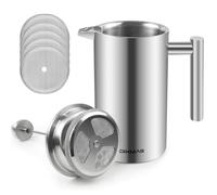 Dixmas Cafetera de émbolo 1 litro acero inoxidable, Cafetera de prensa francesa con 5 filtros gratis, Adecuada para 8 tazas, Doble pared, Plata