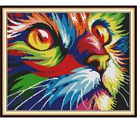 DIY 14CT Kits de punto de cruz estampados Costura Línea completa de Kits de inicio de bordado preimpresos para principiantes - Gato de colores 39 x 32 cm