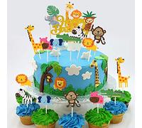 DIY 36 piezas Safari Cake Topper,1 pcs Jungle Animals Happy Birthday Cake Topper y 35 piezas Animal Cupcake Toppers para niños Safari Party Decorations