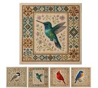 DIY Bird Cross Stitch Kit, Hummingbird Geometric Embroidery Kit for Beginners, Peculiar Cardinal Printed Needlepoint with Floral Pattern, Personalized Birds Art Craft Wall Decoration(Hummingbird)