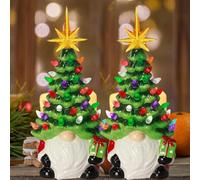Diy Lighted Christmas Gnome Tree - Best Gift for Family, Ceramic Gnome Christmas Tree With 46 Multicolored Lights, Small Mini Pre Lit Xmas Holiday Decor for Tabletop Home Room Fireplace Office (2PCS)