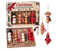 DIY Wooden Bead Christmas Ornament Kit - 4-Pack Santa & Snowman Craft Set | Includes 4 Round Beaded Christmas Character Ornaments, Made From Natural Wood Material, Box Dimensions: 7.87x5.91x1.57 Inches