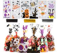 DIYASY - Paquete de 180 bolsas de celofán para Halloween, bolsa de plástico para caramelos para niños, bolsas transparentes de aperitivos, recuerdos de fiesta a granel con 210 lazos giratorios