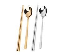 DIYEAH Palillos y Cucharas Coreanas de Acero Inoxidable 304 Juego de 4 Piezas Cuchara Plana Dorada y Plateada Palillos Huecos Dorados y Plateados Mango Largo Antitérmico para Sushi y