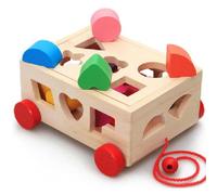 Diyeeni Caja de Inteligencia para el Desarrollo de Juguetes con Carrito de Madera, Juguete a Juego con Forma de Bloque de Caída de 15 Agujeros para Niños de 0 a 3 Años, Ayuda a Caminar, Juguete