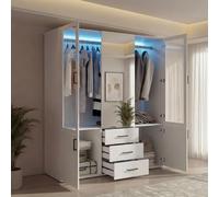 DIYHOM Armario blanco armario armario de dormitorio, armario de lavandería con 2 puertas transparentes y 3 cajones, armario multiusos con espejo para dormitorio, 130 x 52 x 181.5 cm