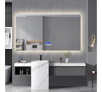 DIYHOM Espejo de baño con iluminación LED, rectangular, 80 x 140 cm, espejo de baño con antivaho, indicador de temperatura y 3 brillo ajustable, Bluetooth, espejo de pared para baño