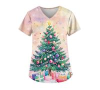 DIYIOUZHOU Camiseta quirúrgica de Navidad para mujer, con estampado de Navidad, cuello en V, para vacaciones, elástica, antiarrugas, uniforme de enfermería con bolsillos, 04-verde menta, XXL