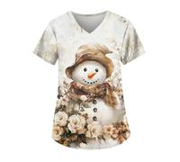 DIYIOUZHOU Camiseta quirúrgica de Navidad para mujer, con estampado de Navidad, cuello en V, para vacaciones, elástica, antiarrugas, uniforme de enfermería con bolsillos, 01-amarillo terroso, XXL