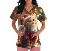 DIYIOUZHOU Camiseta quirúrgica para mujer, con estampado de Papá Noel, cuello en V, elástica, talla grande, uniforme de enfermería con bolsillos, dorado, M