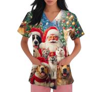 DIYIOUZHOU Camiseta quirúrgica para mujer, con estampado de Papá Noel, cuello en V, elástica, talla grande, uniforme de enfermería con bolsillos, 02-rojo, M