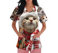 DIYIOUZHOU Camiseta quirúrgica para mujer, con estampado de Papá Noel, cuello en V, elástica, talla grande, uniforme de enfermería con bolsillos, 02-anaranjado, S