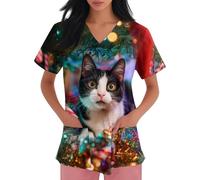 DIYIOUZHOU Camiseta quirúrgica para mujer, con estampado de Papá Noel, cuello en V, elástica, talla grande, uniforme de enfermería con bolsillos, 02-negro, M