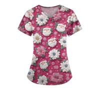 DIYIOUZHOU Camiseta quirúrgica para mujer, con estampado de Papá Noel, cuello en V, estampado de dibujos animados, manga corta, uniforme de enfermería con bolsillos, 03-Rosa intenso, M