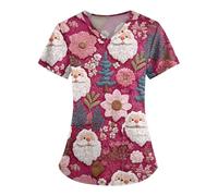 DIYIOUZHOU Camiseta quirúrgica para mujer, con estampado de Papá Noel, cuello en V, estampado de dibujos animados, manga corta, uniforme de enfermería con bolsillos, 04-rosa intenso, XXL
