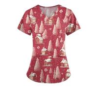DIYIOUZHOU Camiseta quirúrgica para mujer, con estampado de Papá Noel, cuello en V, estampado de dibujos animados, manga corta, uniforme de enfermería con bolsillos, 02-bermellón, L