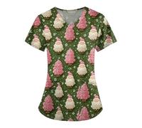 DIYIOUZHOU Camiseta quirúrgica para mujer, con estampado de Papá Noel, cuello en V, estampado de dibujos animados, manga corta, uniforme de enfermería con bolsillos, 01-verde oscuro, S