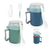 DIYJEP 2 Piezas Taza de Cereal para Llevar, Vasode Yogur con Tapa y Cuchara, Recipiente de 500ml para Avena de la Noche a la Mañana, Taza Portátil para Desayuno para Muesli, Avena, Sopas (Azul, Verde)