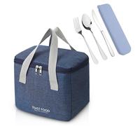 DIYJEP Bolsa Térmica Porta Alimentos con 3 Cubiertos de Acero Inoxidable, Bolsas Térmicas Portatil para Hombres Mujeres, Impermeable Nevera Portatil Pequeña para Trabajo Clase Viajes Salidas (Azul)