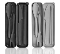 DIYJEP Juego 2 Cubiertos Viaje con Estuche (Negro, Gris) | Cubiertos de Plástico Reutilizables con Cuchara, Cuchillo, Tenedor, Palillos para Camping, Picnic, Viaje y Exterior