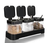DIYJEP juego de 3 Tarros de cristal con tape para Condimentos, Azucarero Saleros de Cocina con Cuchara, Botes de Cristal para Especias，Caja de Almacenaje Transparente para Azúcar Sal Té Granos（Negro）