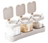 DIYJEP juego de 3 Tarros de cristal con tape para Condimentos, Azucarero Saleros de Cocina con Cuchara, Botes de Cristal para Especias, Caja de Almacenaje Transparente para Azúcar Sal Granos (Blanco)