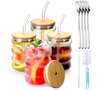 DIYJEP Set de 4 Vasos de Cristal con Pajitas y Tapas, Tazas de Café de Vidrio con Cucharas de Bar y Cepillos de Limpieza, 350 ml Vasos de Whisky Reutilizables para Té Cóctel Smoothies Zumos Refrescos