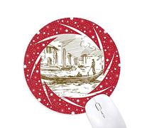 DIYthinker River Boat Dibujo Paisaje Country City Landmark ilustración Patron Wheel Mouse Pad de Goma roja Redonda
