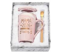 Diztoud Taza de café Regalos para embarazadas, regalo de Navidad, regalos para mujeres embarazadas, mamá Loading 2026, taza de mármol de cerámica de 400 ml con tapa, cuchara y caja de regalo