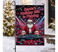 DJ Santa Claus - Bandera de jardín con temática musical navideña, 30,5 x | Tocadiscos de DJ, bandera de patio, notas musicales, cadena de luces de neón, discos de vinilo, decoración de invierno al