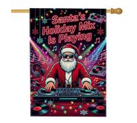 DJ Santa Claus Holiday Music Theme Christmas House Flag 28x40 pulgadas | Tocadiscos de DJ, bandera de patio, notas musicales, cadena de luces de neón, discos de vinilo, decoración de invierno al