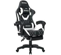 DJ·Wang Silla de escritorio ergonómica para videojuegos con reposapiés, reclinable 135°, reposabrazos para caminar y cojín lumbar, piel sintética, soporta hasta 120 kg, color negro y blanco