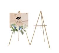 DJAR Caballete de madera de 63 pulgadas para cartel, altura ajustable de doble uso, caballete de exhibición de suelo de madera para boda, tablero de bienvenida, póster, imagen, foto, dorado
