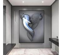 DJBCNQCD Love Heart 3D Effect Wall Art, Gray Abstract Steel Wire Metal Figure Statue Sculpture Couple Hanging Painting, Inkjet Canvas Painting Core(A1,60 * 90cm)