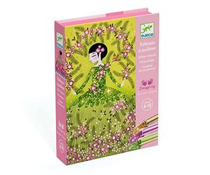 Djeco - Kit de cuadros de lentejuelas de 6 a 10 años, diseño de vestidos, estimula la creatividad, actividad sin líos, contiene 4 tarjetas, 6 colores, 1 caja, 1 pincel y 1 manual